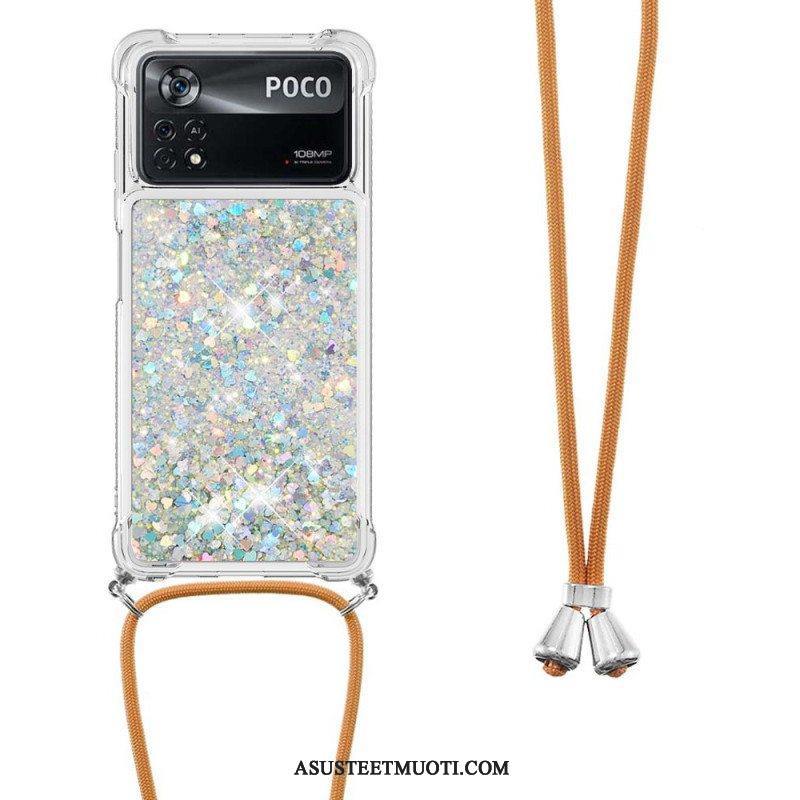 Case Poco X4 Pro 5G Paljettipuu Kiristysnyörillä