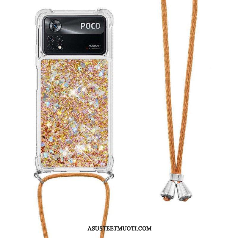 Case Poco X4 Pro 5G Paljettipuu Kiristysnyörillä