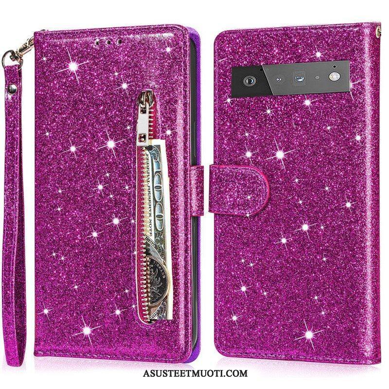 Flip Case Google Pixel 6 Glitter Kolikkopussi