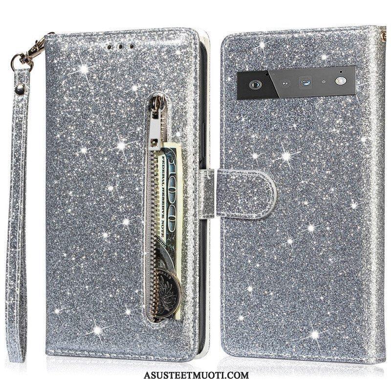 Flip Case Google Pixel 6 Glitter Kolikkopussi