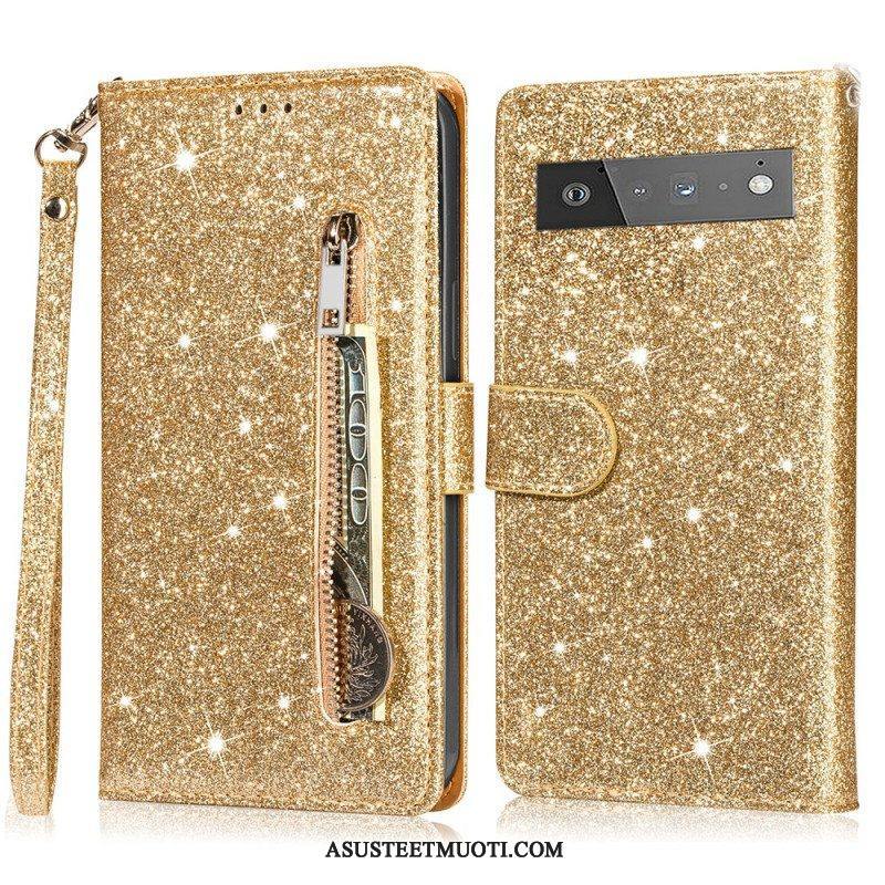 Flip Case Google Pixel 6 Glitter Kolikkopussi