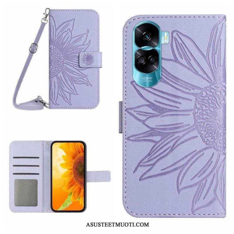 Flip Case Honor 90 Lite Auringonkukka Olkahihnalla