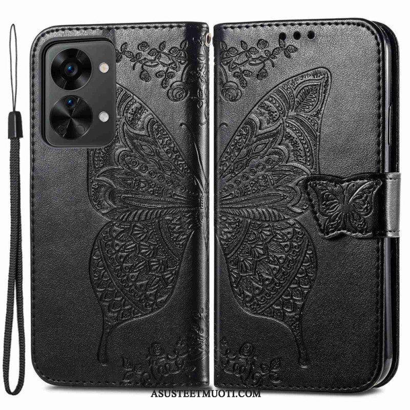 Flip Case OnePlus Nord 2T 5G Suojaketju Kuori Butterfly Lanyard -korttikotelo