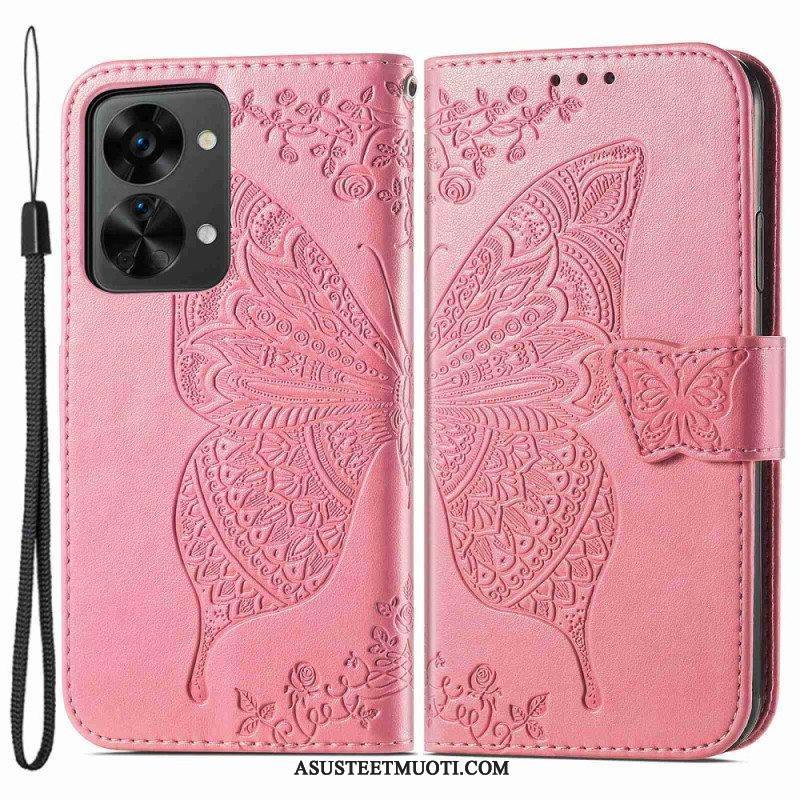 Flip Case OnePlus Nord 2T 5G Suojaketju Kuori Butterfly Lanyard -korttikotelo