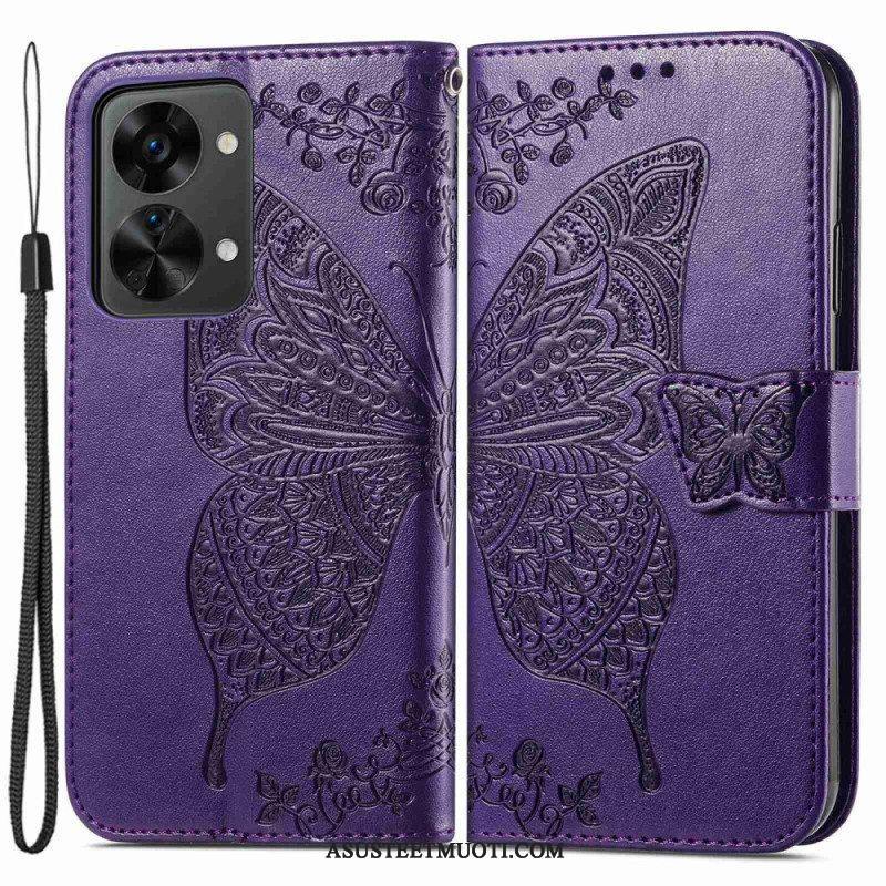 Flip Case OnePlus Nord 2T 5G Suojaketju Kuori Butterfly Lanyard -korttikotelo