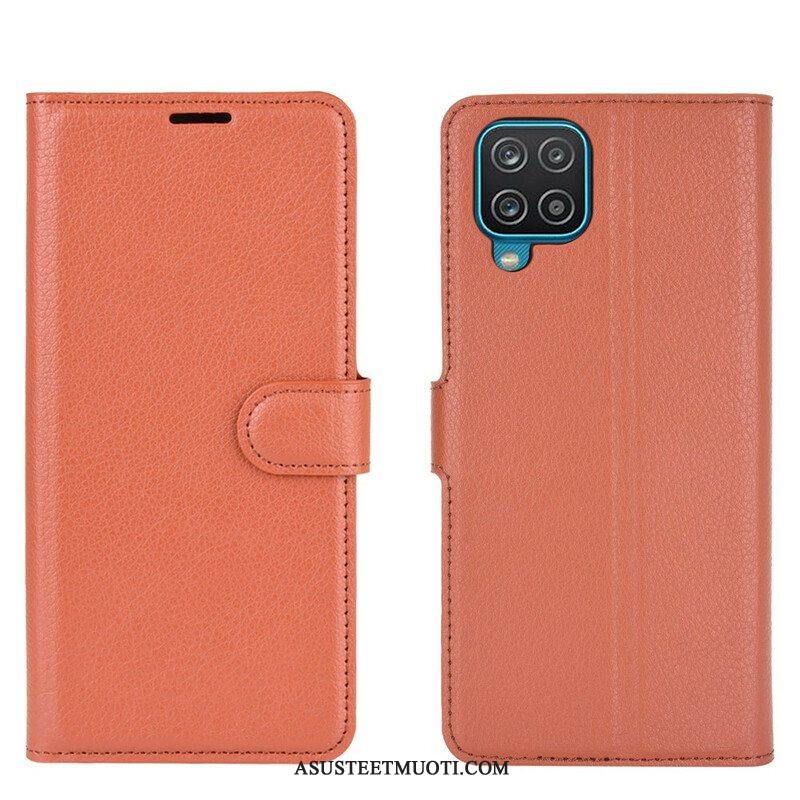 Flip Case Samsung Galaxy M12 / A12 Klassinen Litsi Tekonahka