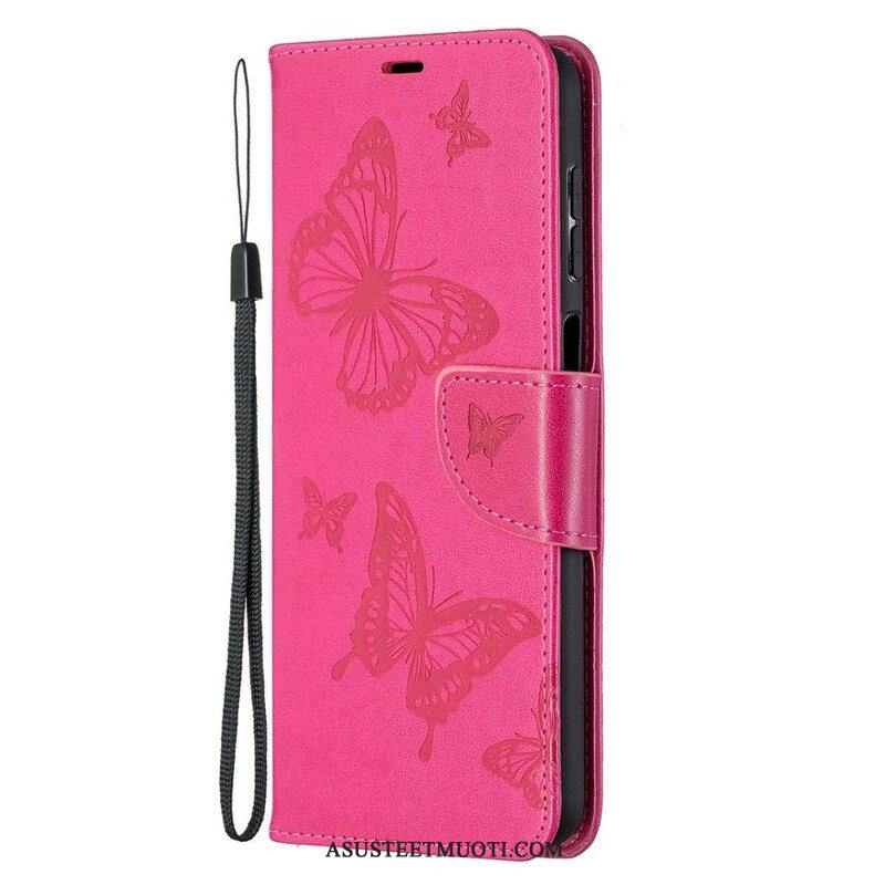 Flip Case Samsung Galaxy M12 / A12 Perhosia Lennossa Lanyardin Kanssa