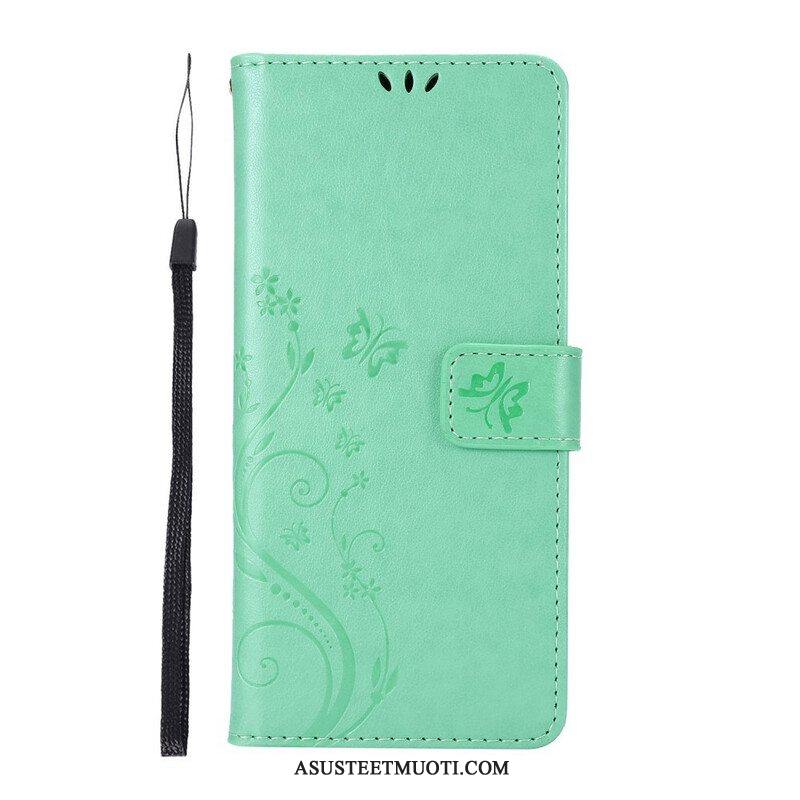 Flip Case Samsung Galaxy M51 Suojaketju Kuori Stringit Perhosia Ja Kukkia