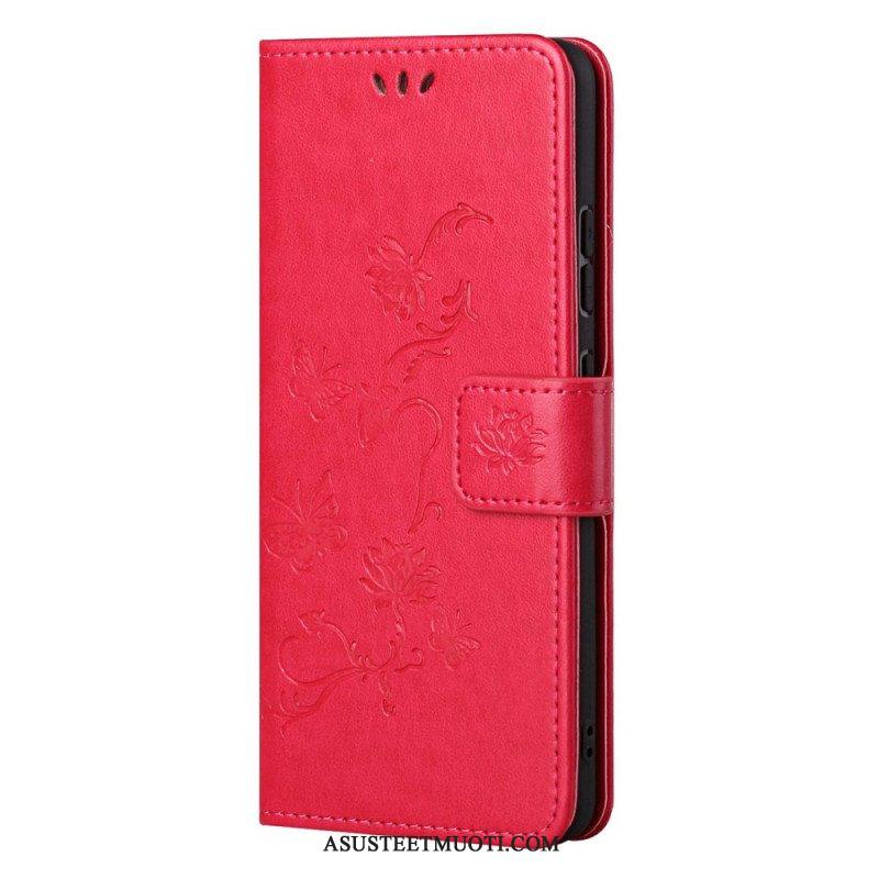 Flip Case Samsung Galaxy M52 5G Suojaketju Kuori Perhoset Ja Kukat -hihna