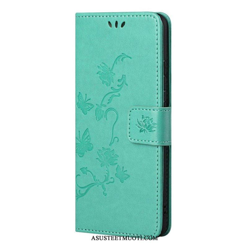 Flip Case Samsung Galaxy M52 5G Suojaketju Kuori Perhoset Ja Kukat -hihna