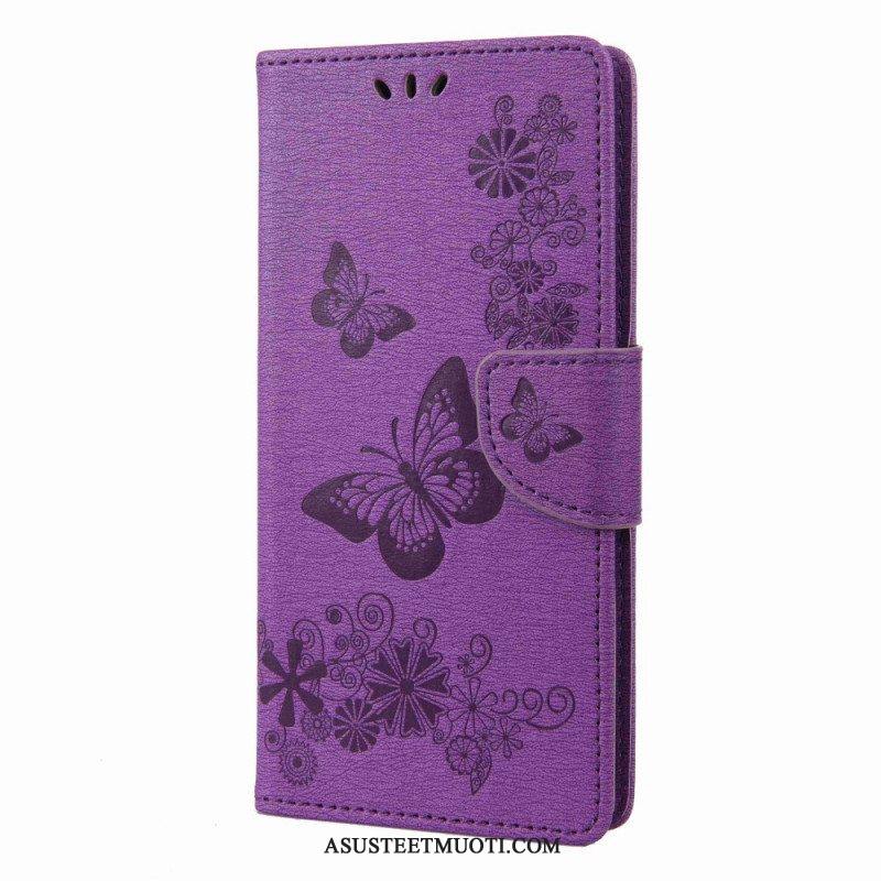 Flip Case Samsung Galaxy M53 5G Suojaketju Kuori Strappy Butterflies Design