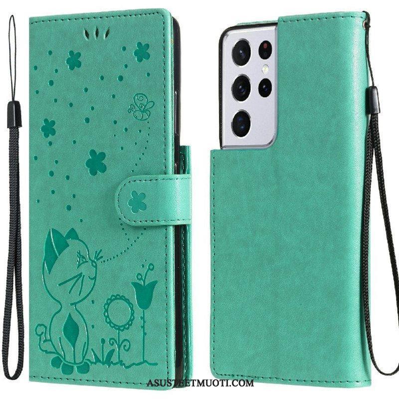 Flip Case Samsung Galaxy S21 Ultra 5G Suojaketju Kuori Kissa Ja Mehiläinen Kaulanauhalla