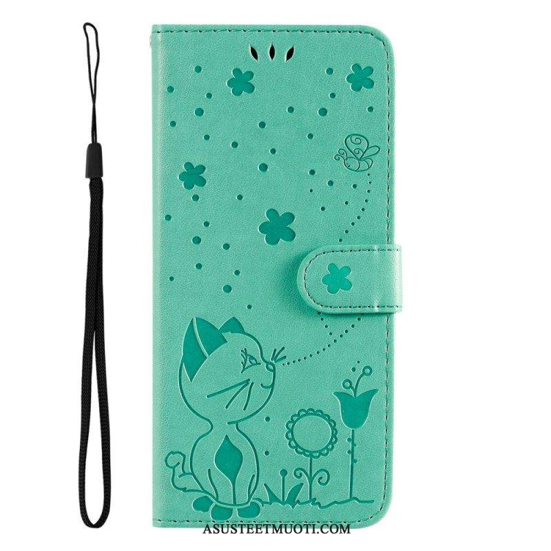 Flip Case Samsung Galaxy S23 5G Suojaketju Kuori Strappy Kissa Ja Mehiläiset