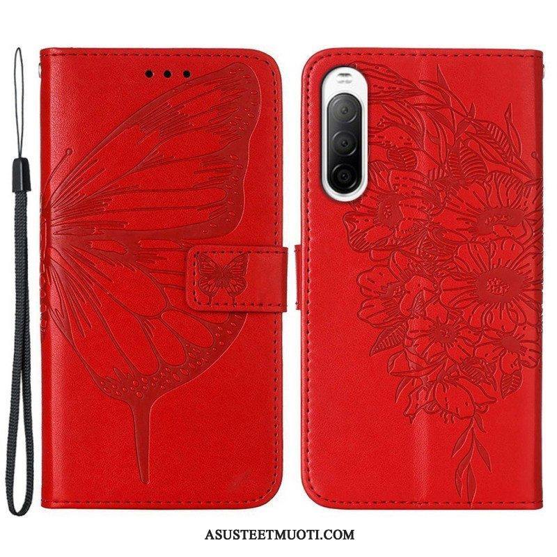 Flip Case Sony Xperia 10 IV Perhonen Kaulanauhalla