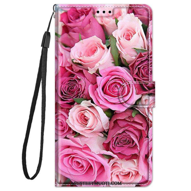 Flip Case Xiaomi Redmi Note 11 Pro Plus 5G Ruusuja Kaulanauhalla