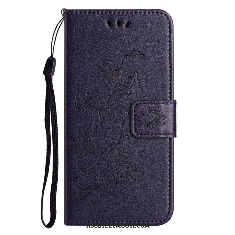 Kotelot Xiaomi Redmi Note 12 4G Suojaketju Kuori Kukkia Ja Perhosia Hihnalla