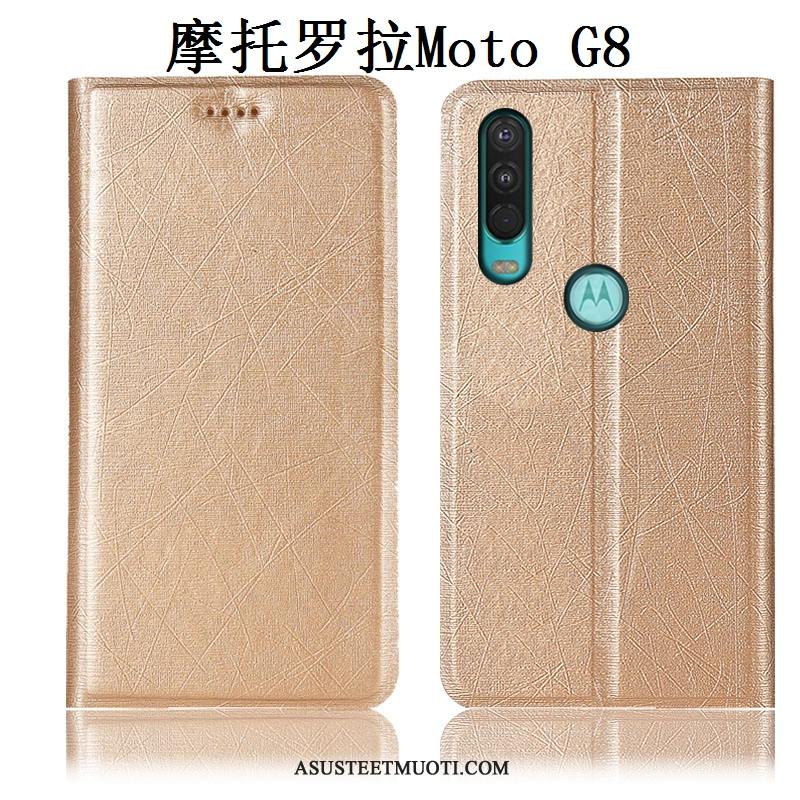 Moto G8 Kuoret Murtumaton Suojaus Johdin Kulta Nahkakotelo