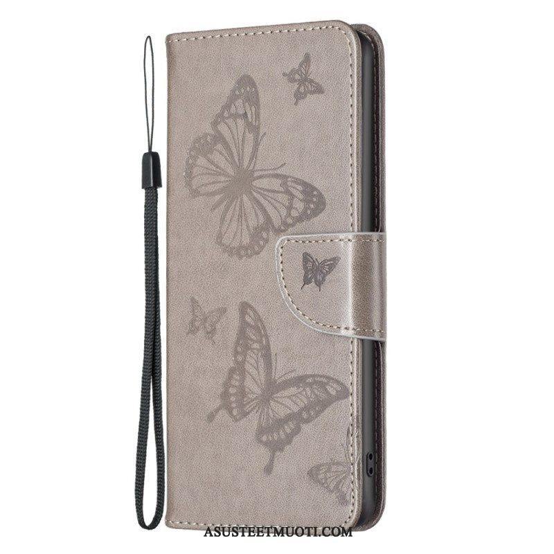 Nahkakotelo Poco X4 Pro 5G Suojaketju Kuori Strap Butterflies Print