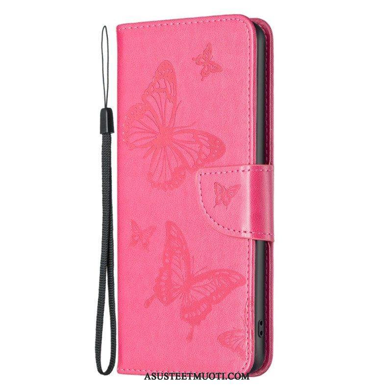 Nahkakotelo Poco X4 Pro 5G Suojaketju Kuori Strap Butterflies Print