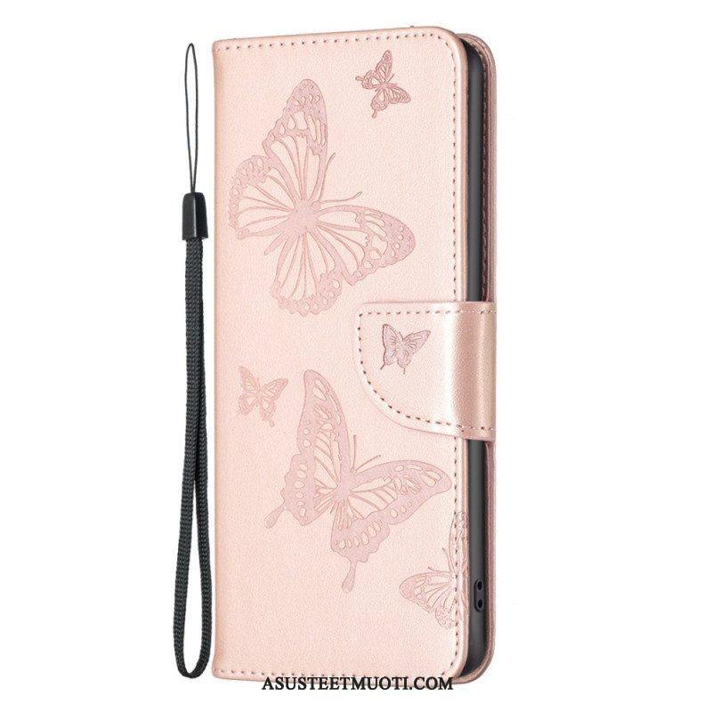 Nahkakotelo Poco X4 Pro 5G Suojaketju Kuori Strap Butterflies Print