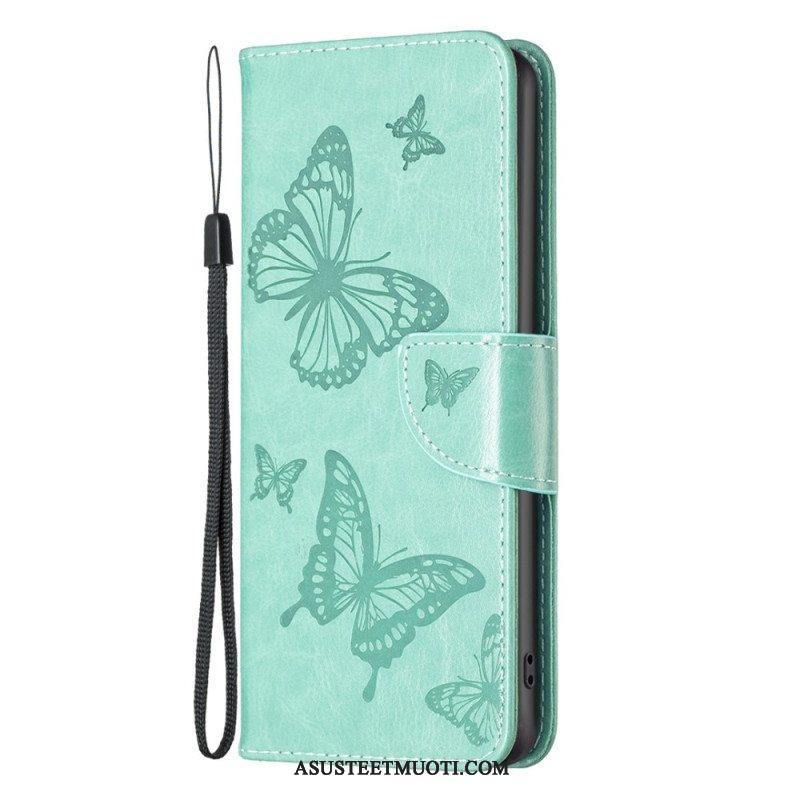 Nahkakotelo Poco X4 Pro 5G Suojaketju Kuori Strap Butterflies Print