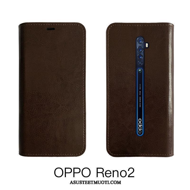 Oppo Reno 2 Z Kuoret Musta Aito Nahka Näytönsuojus Nahkakotelo Karkaisu