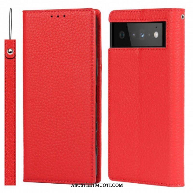 Puhelinkuoret Google Pixel 6 Suojaketju Kuori Kotelot Flip Aito Litchi-nahkahihna