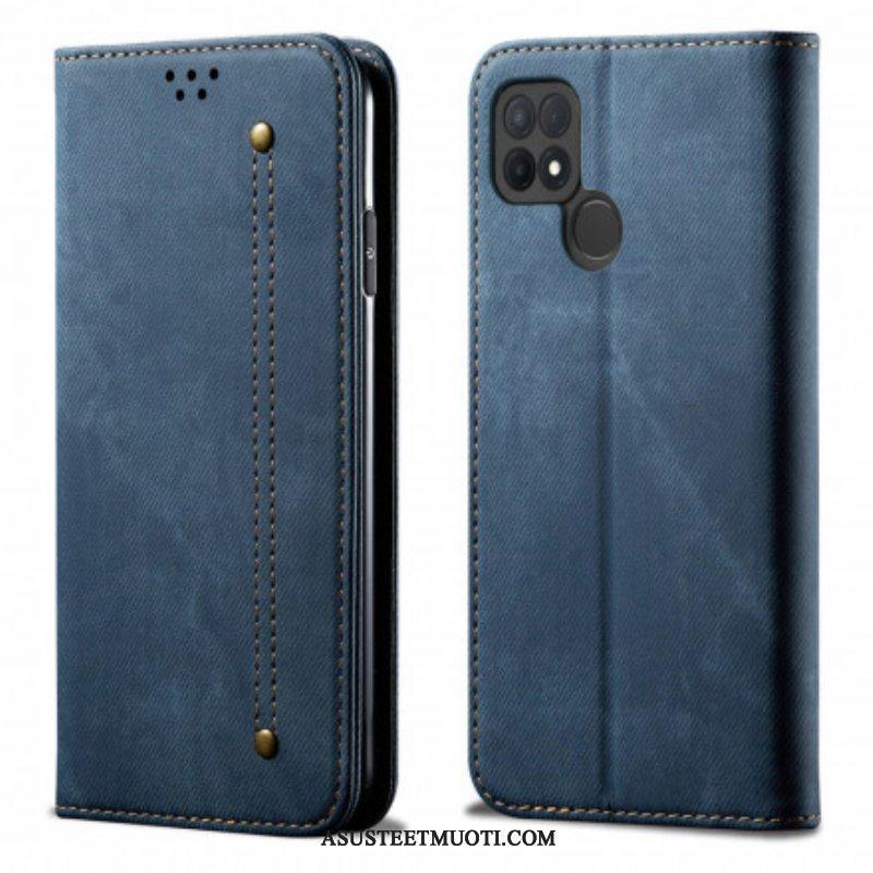 Puhelinkuoret Oppo A15 Kotelot Flip Faux Leather Jeans Texture