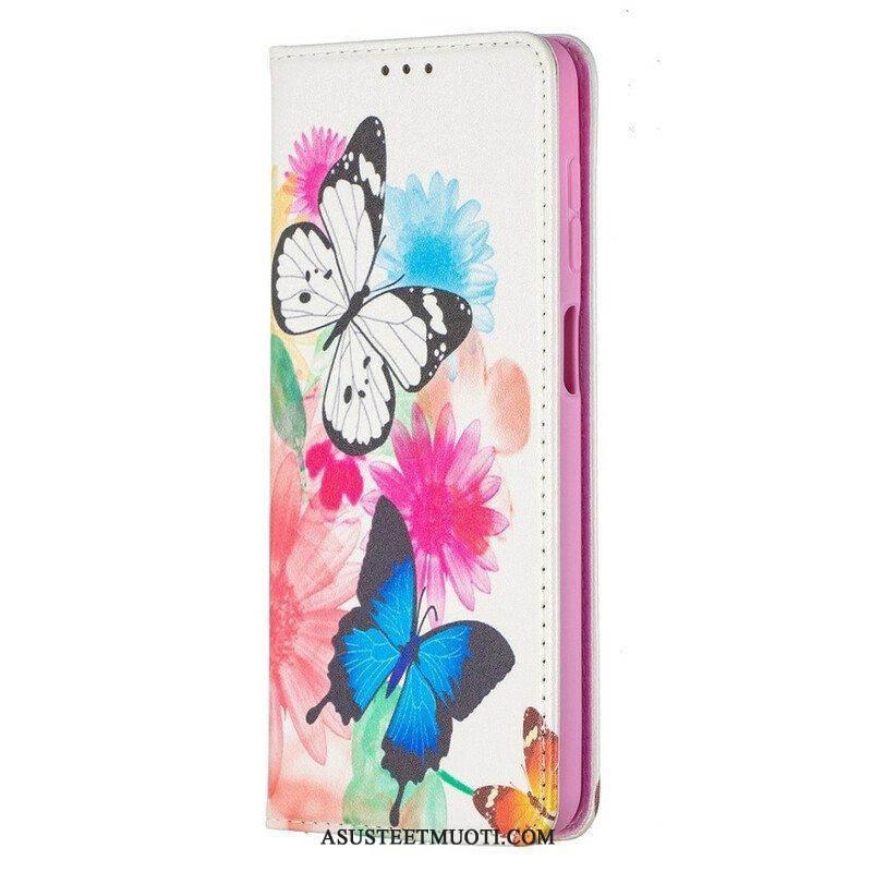 Puhelinkuoret Samsung Galaxy M12 / A12 Kotelot Flip Värikkäitä Perhosia