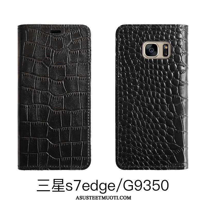 Samsung Galaxy S7 Edge Kuoret Suojaus Nahka Aito Nahka Kotelo Musta