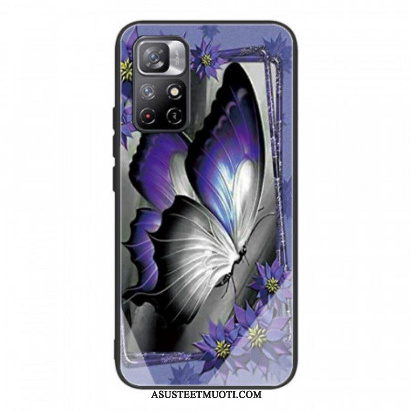 Case Poco M4 Pro 5G Purple Butterfly Karkaistu Lasi