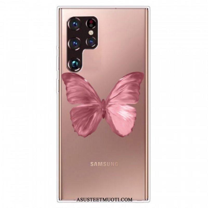 Case Samsung Galaxy S22 Ultra 5G Pinkki Butterfly-letku