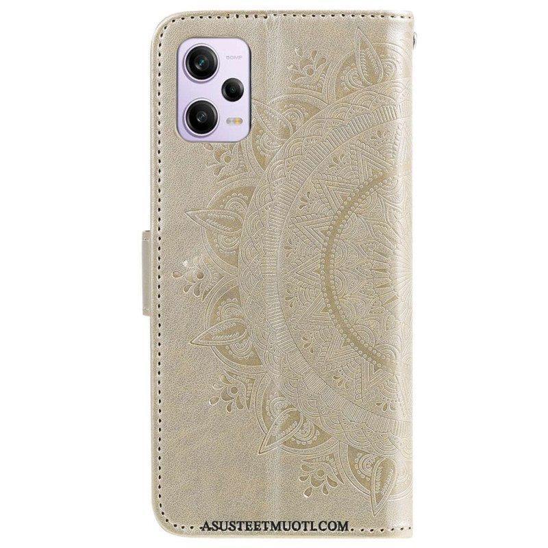 Flip Case Poco X5 Pro 5G Mandala-aurinko Kaulanauhalla