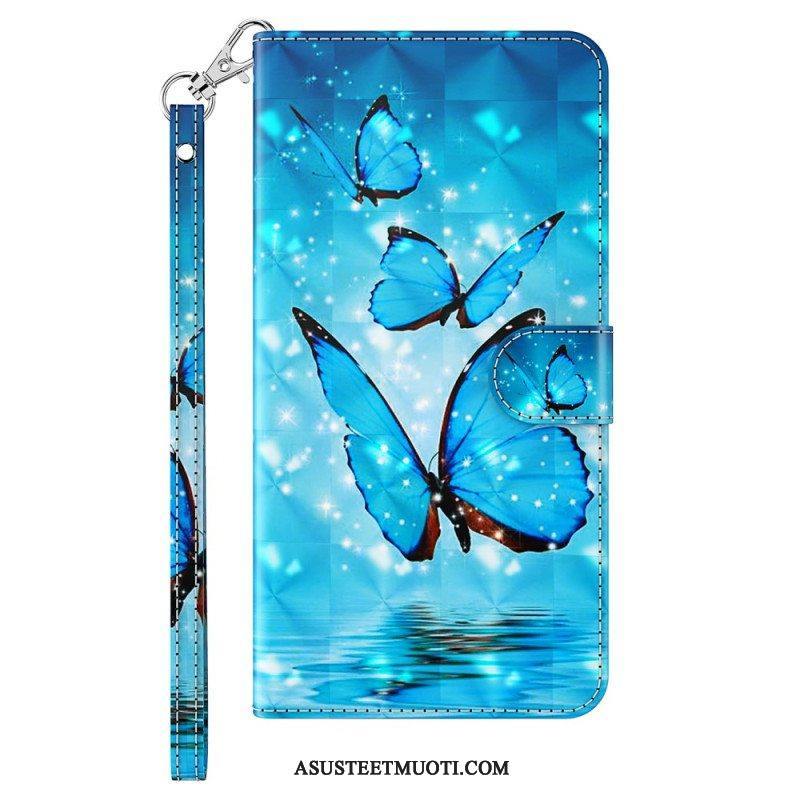 Flip Case iPhone 15 Pro Suojaketju Kuori 3d-perhoset Kaulanauhalla