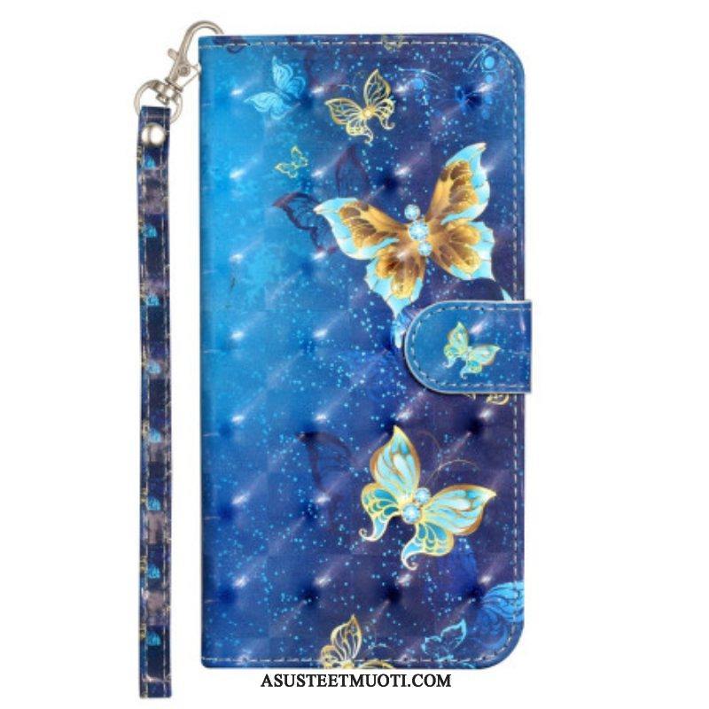 Flip Case iPhone 15 Pro Suojaketju Kuori 3d-perhoset Kaulanauhalla
