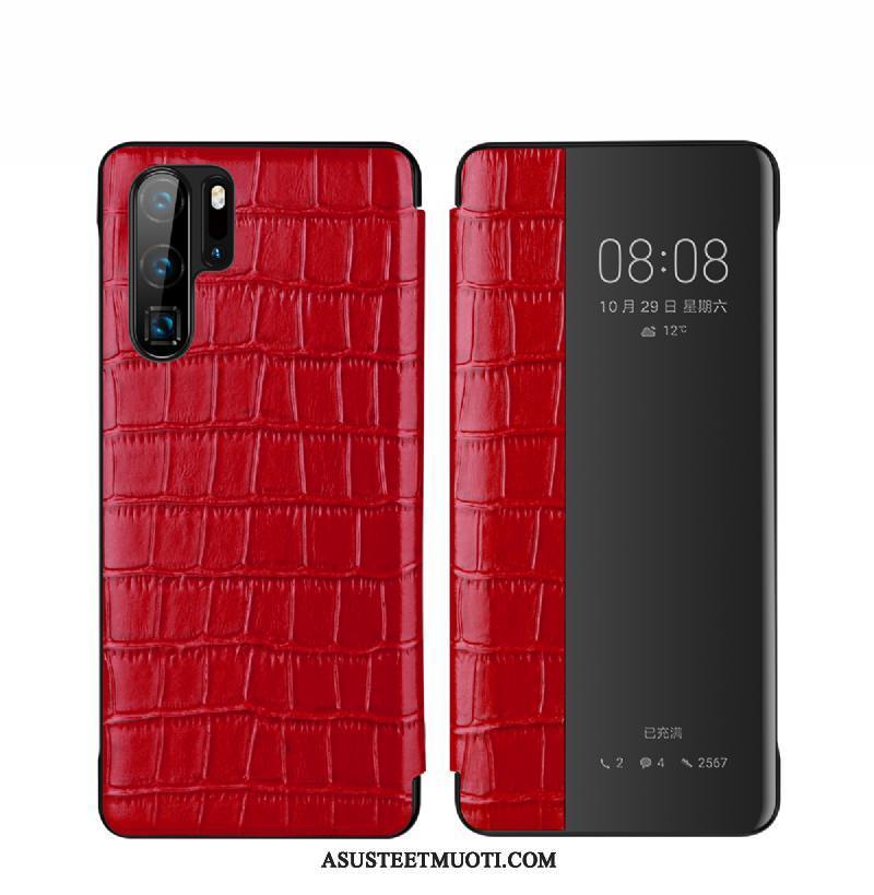 Huawei P30 Pro Kuoret Punainen Nahka Krokotiili Kukkakuvio Lehmä