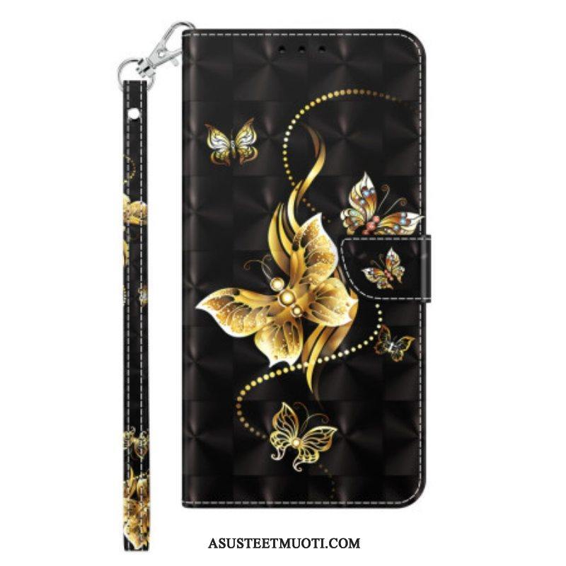 Kotelot iPhone 14 Pro Suojaketju Kuori Kultaiset Perhoset Hihnalla