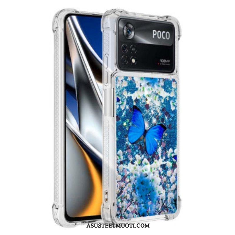 Kuori Poco X4 Pro 5G Glitter Blue Perhoset