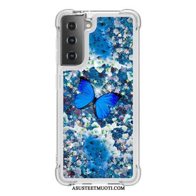 Kuori Samsung Galaxy S21 5G Glitter Blue Perhoset