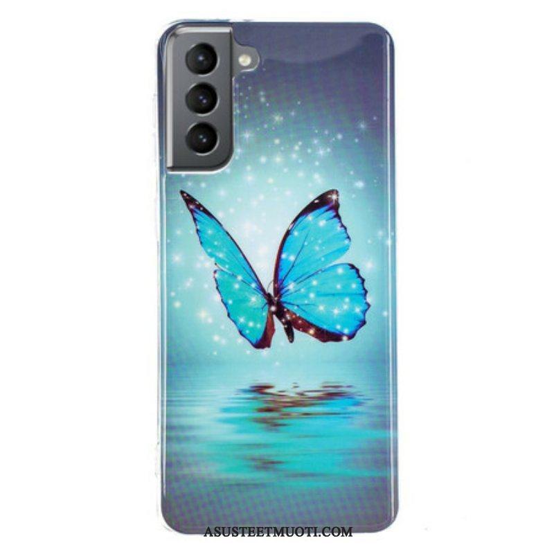 Kuori Samsung Galaxy S21 FE Fluoresoiva Sininen Perhonen