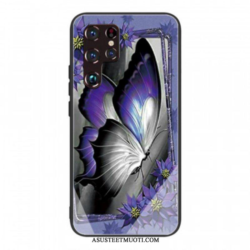 Kuori Samsung Galaxy S22 Ultra 5G Purple Butterfly Karkaistu Lasi