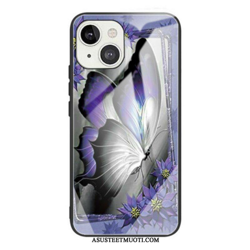 Kuori iPhone 13 Mini Purple Butterfly Karkaistu Lasi