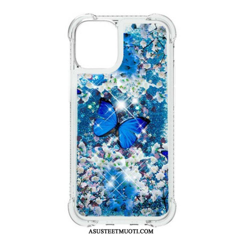Kuori iPhone 13 Pro Glitter Blue Perhoset
