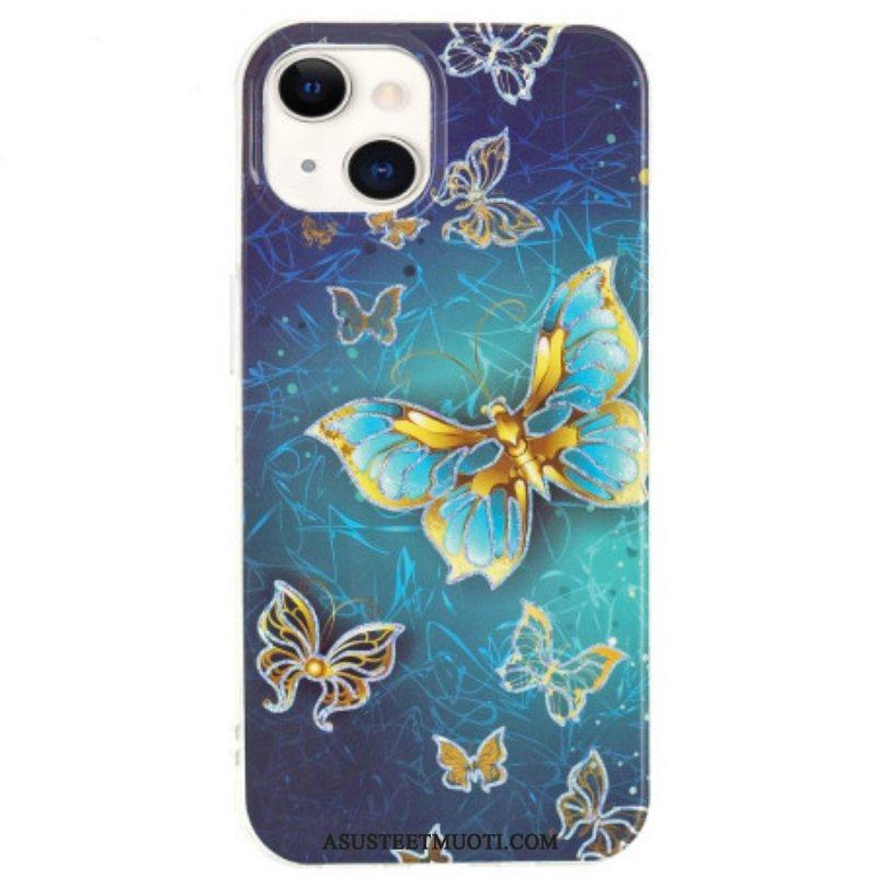 Kuori iPhone 15 Plus Kultaisia Perhosia