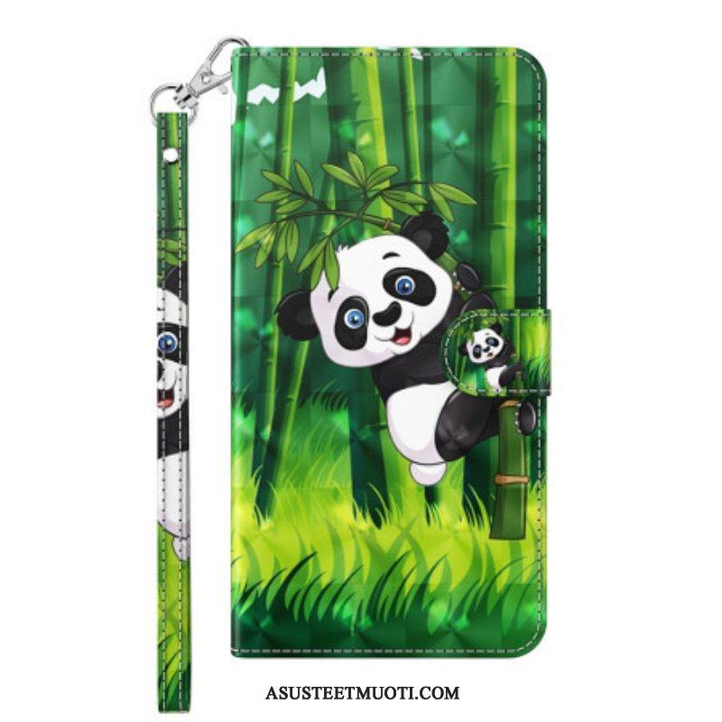 Nahkakotelo Google Pixel 7 Suojaketju Kuori Panda Ja Bambu Kaulanauhalla