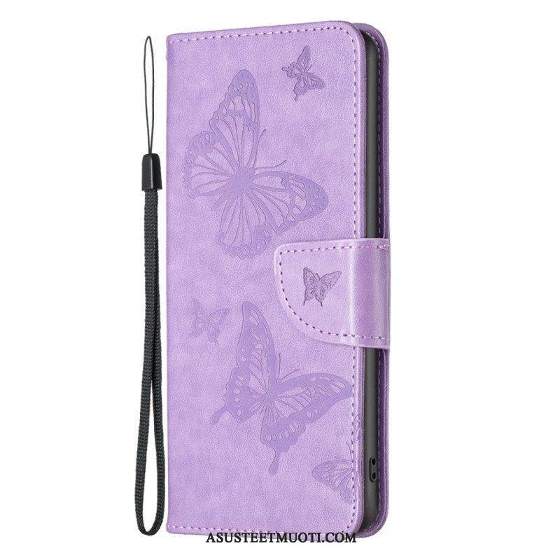 Nahkakotelo Poco X4 Pro 5G Suojaketju Kuori Strap Butterflies Print