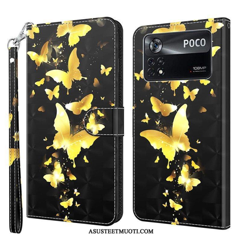 Nahkakotelo Poco X4 Pro 5G Suojaketju Kuori Stringit Perhoset
