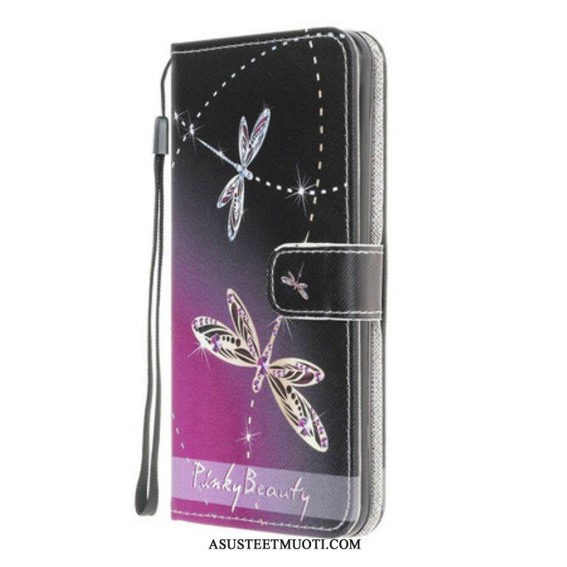 Nahkakotelo Samsung Galaxy A42 5G Suojaketju Kuori Strappy Dragonflies