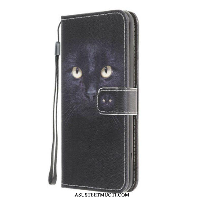 Nahkakotelo Samsung Galaxy M12 / A12 Suojaketju Kuori Strappy Black Cat Eyes