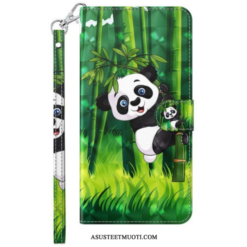 Nahkakotelo Samsung Galaxy M13 Panda Ja Bambu Kaulanauhalla